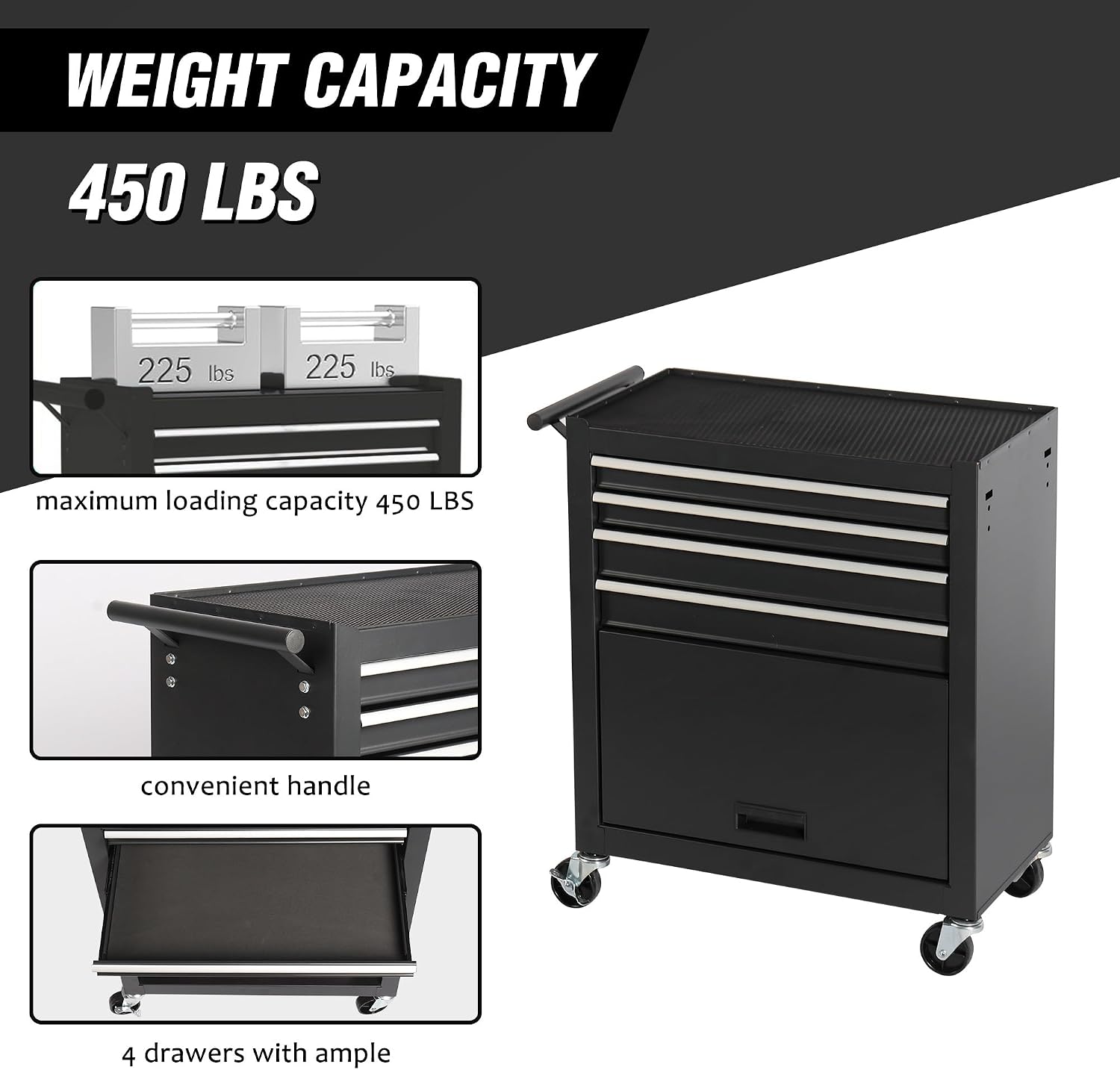 4-Drawer Rolling Tool Chest, Cabinet with 4 Wheels Tool Chest with Drawers, Suitable for Garages, Warehouses, Workshops, Repair Shops (4-Drawer Black)