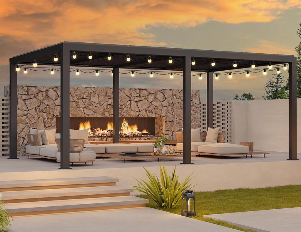 PURPLE LEAF Louvered Pergola 94AS 12' x 20' Outdoor Aluminum Pergola with Two Independently Adjustable Roof with 36 Light Bulbs for Backyard Garden