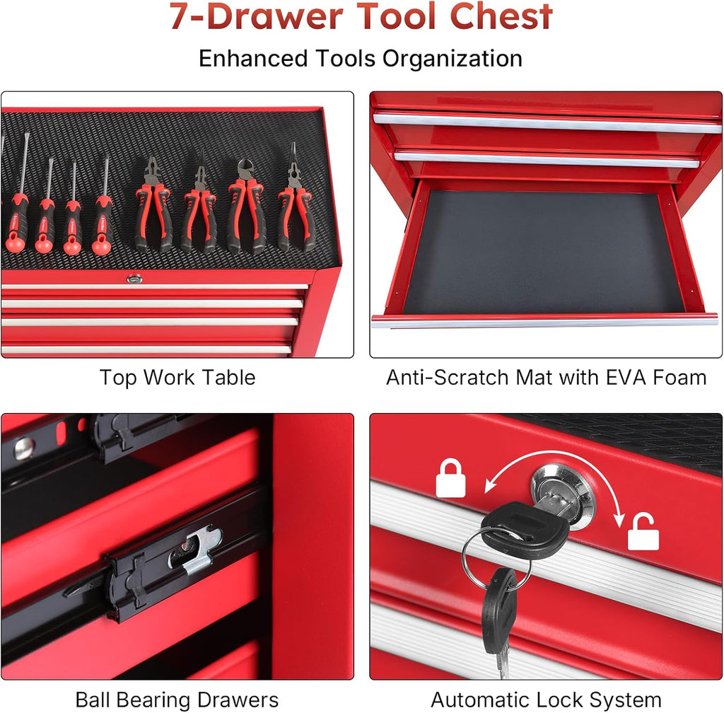Rovibek 7-Drawer Rolling Tool Chest with Wheels, Lockable Metal Tool Box for Garage Workshop Warehouse, Large Capacity Tool Storage Cabinet, Heavy-Duty Tool Chest with Drawers, Red