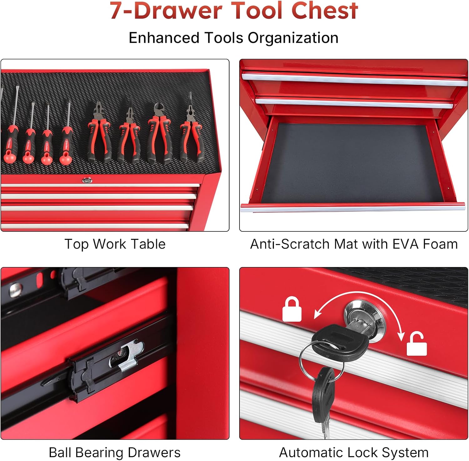 Rovibek 7-Drawer Rolling Tool Chest with Wheels, Lockable Metal Tool Box for Garage Workshop Warehouse, Large Capacity Tool Storage Cabinet, Heavy-Duty Tool Chest with Drawers, Red