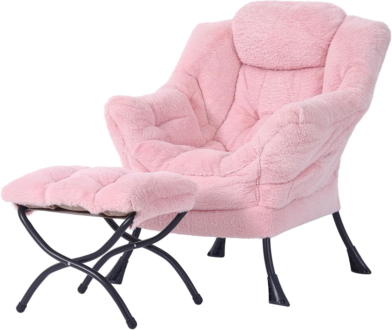 Welnow Lazy Chair with Ottoman, Modern Accent Chair with Armrests and a Side Pocket, Leisure Sofa Armchair Set, Reading Armchair with Footrest for Small Space, Plush Pink