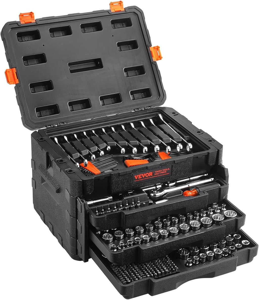 VEVOR Mechanics Tool Set and Socket Set, 1/4' 3/8' 1/2' Drive Deep and Standard Sockets, 450 Pcs SAE and Metric Mechanic Tool Kit with Bits, Hex Wrenches, Combination Wrench, Accessories, Storage Case