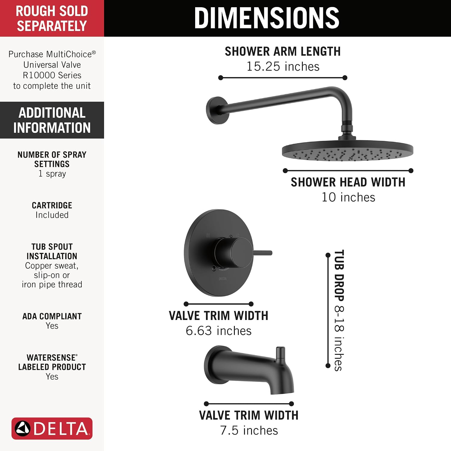 Delta Modern 14 Series Round Rain Bathtub and Shower Faucet Set, Rainfall Matte Black Shower Head and Handle Set, Valve Trim Kit, 10 Inch, Matte Black T14469-BL-PP (Valve Not Included)