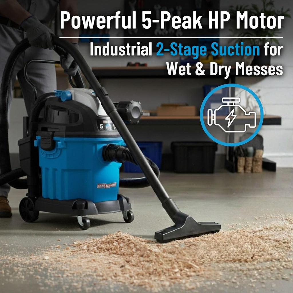 Channellock Shop Wet Dry Vacuum 5Gal 5Hp Wall Mount Vac - Remote Control, Wheels, Foam Filter - 5 Gal