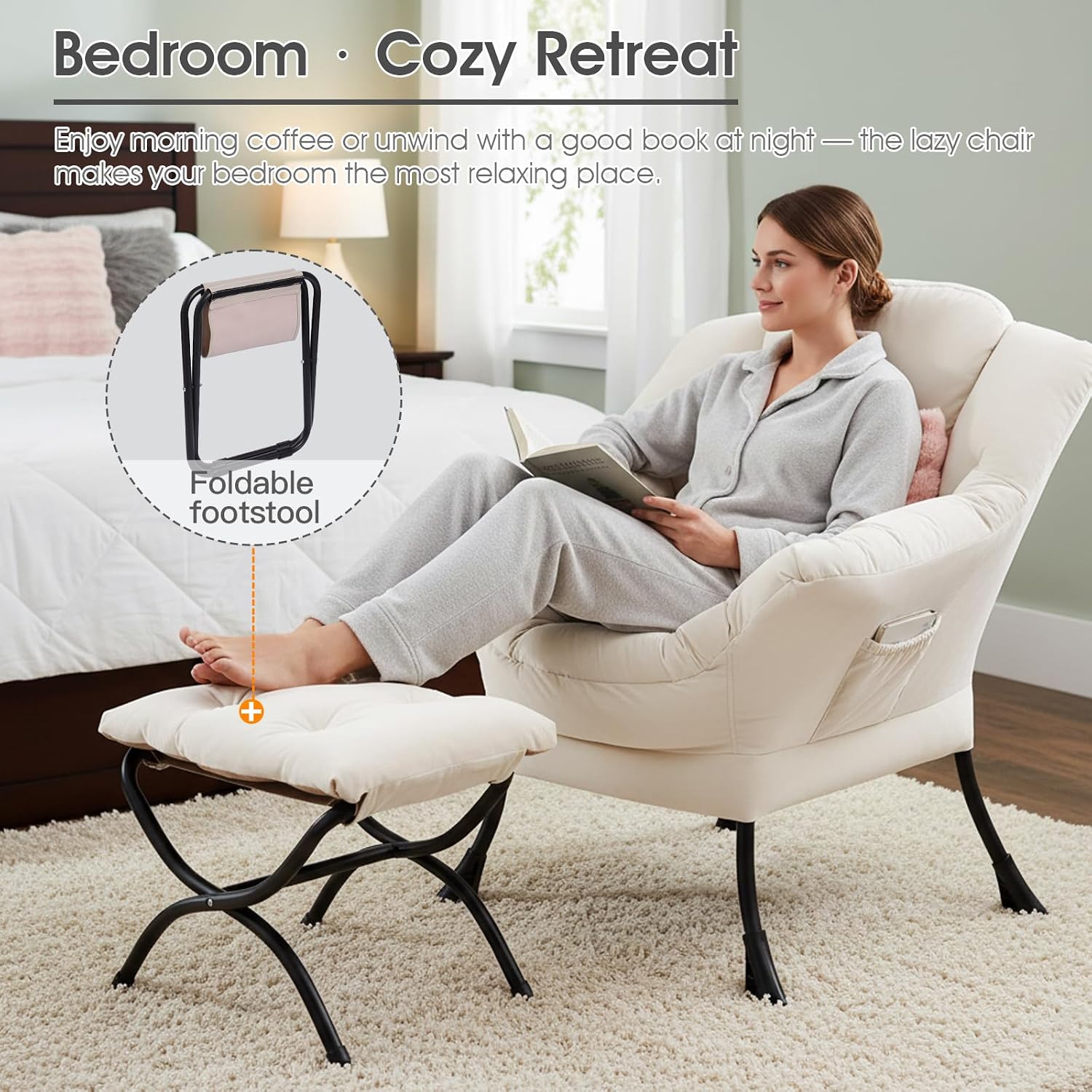 Lazy Chair with Ottoman, Large Accent Chair with Ottoman and a Throw Pillow, Beige Reading Chair for Living Room Bedroom Dorm Room Office Apartment Relaxing Use
