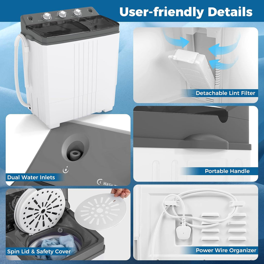 COSTWAY Portable Washing Machine, Twin Tub 20 Lbs Capacity with Drain Pump, Laundry Washer 12 Lbs and Spinner 8 Lbs with Timer Control, Perfect for Apartment Dorm RV, Grey+White