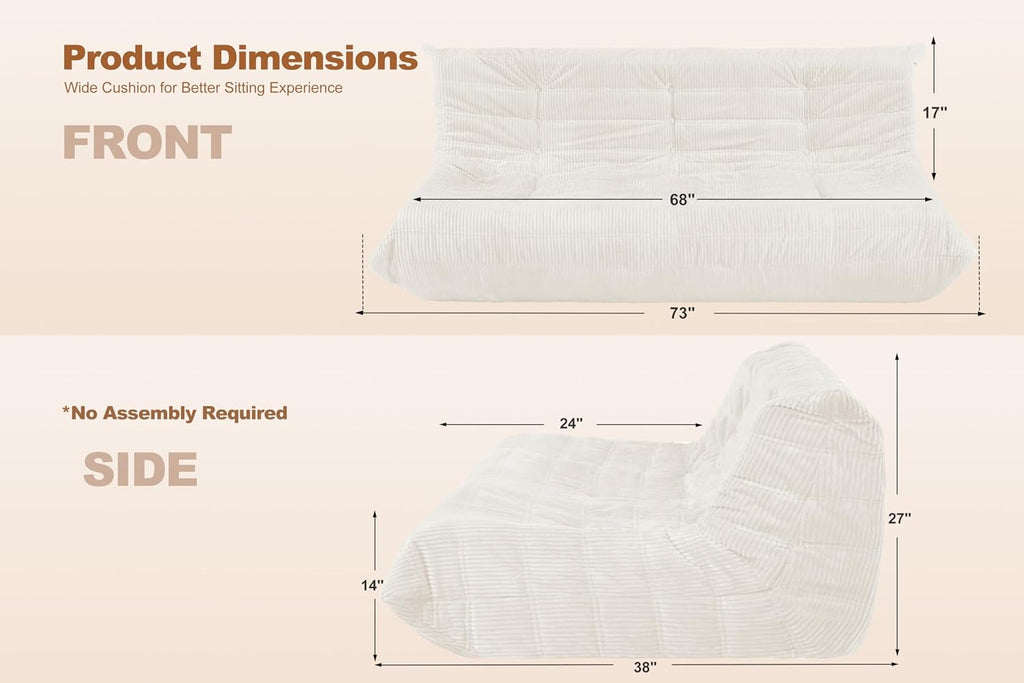 Bean Bag Chair,Giant Beanbag Chairs for Adults,Comfy Large Fireside Chair Lazy Sofa,Corduroy Bean Bag Lounger with Memory Foam Filled,Floor Sofa Couch for Home,Living Room (Beige, 3-Seater)