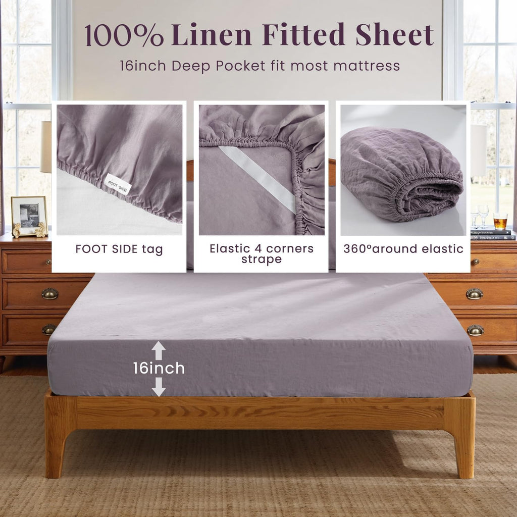 S VICTORY SYMBOL 100% Organic Linen Sheets Set King Size,Washed French Flax Bed Sheets 4 Pieces(2 Pillowcases,1 Fitted Sheet,1 Flat Sheet) 16inch Deep Pockt,Breathable,Dusty Purple