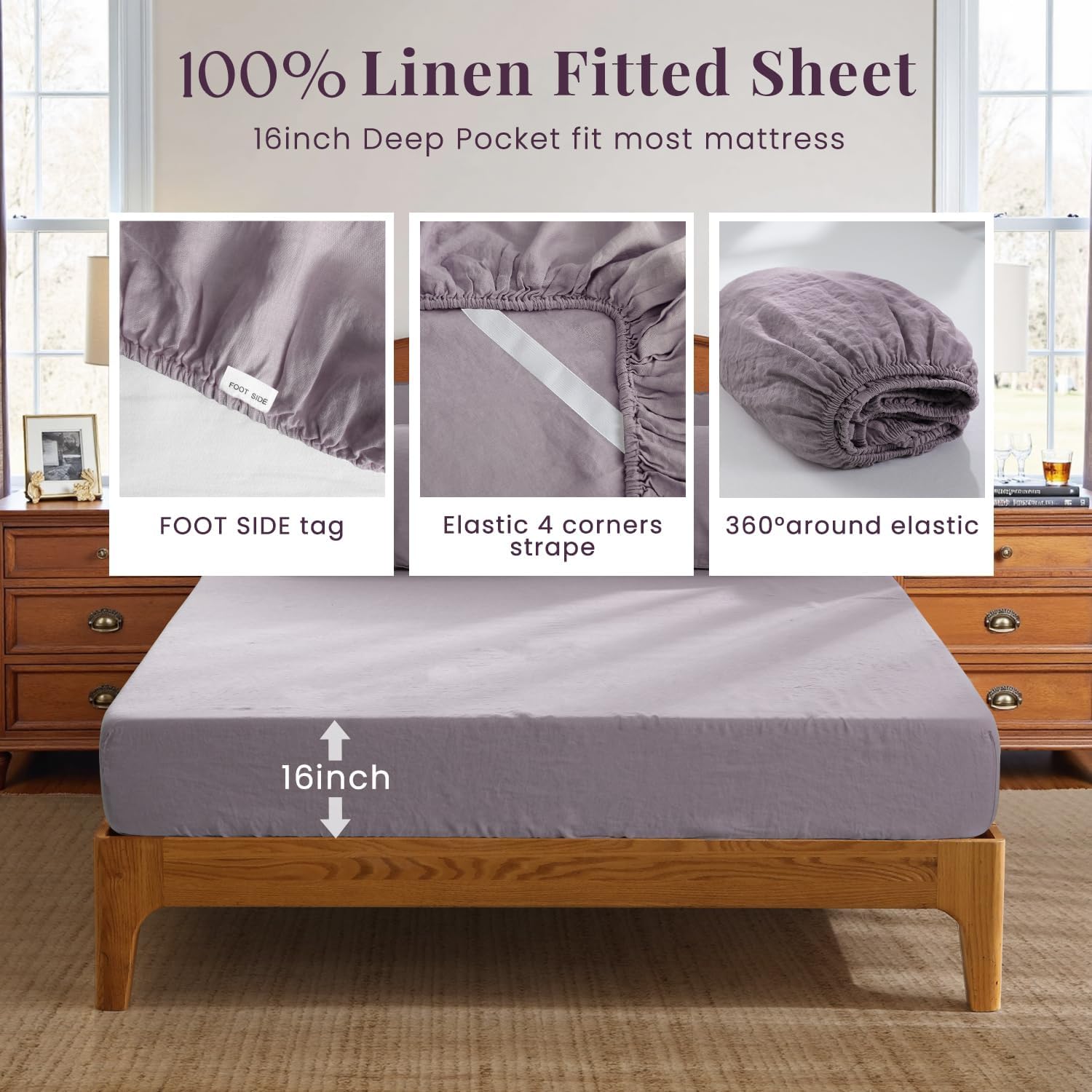 S VICTORY SYMBOL 100% Organic Linen Sheets Set King Size,Washed French Flax Bed Sheets 4 Pieces(2 Pillowcases,1 Fitted Sheet,1 Flat Sheet) 16inch Deep Pockt,Breathable,Dusty Purple