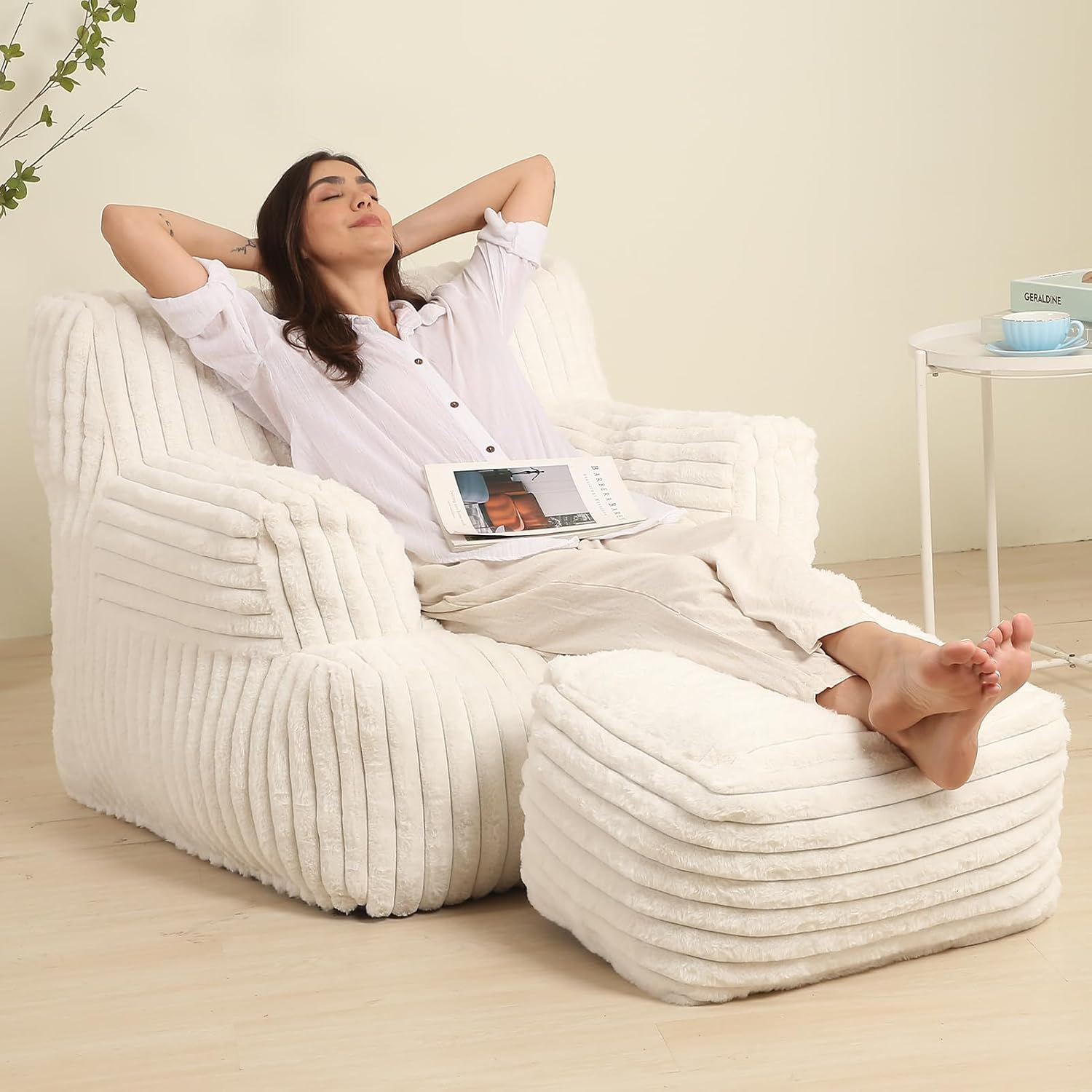 MOMCAYWEX Comfy Gaint Bean Bag Chair with Ottoman, Fluffy Huge Bean Bag Armchair for Adults and Teens, Cream