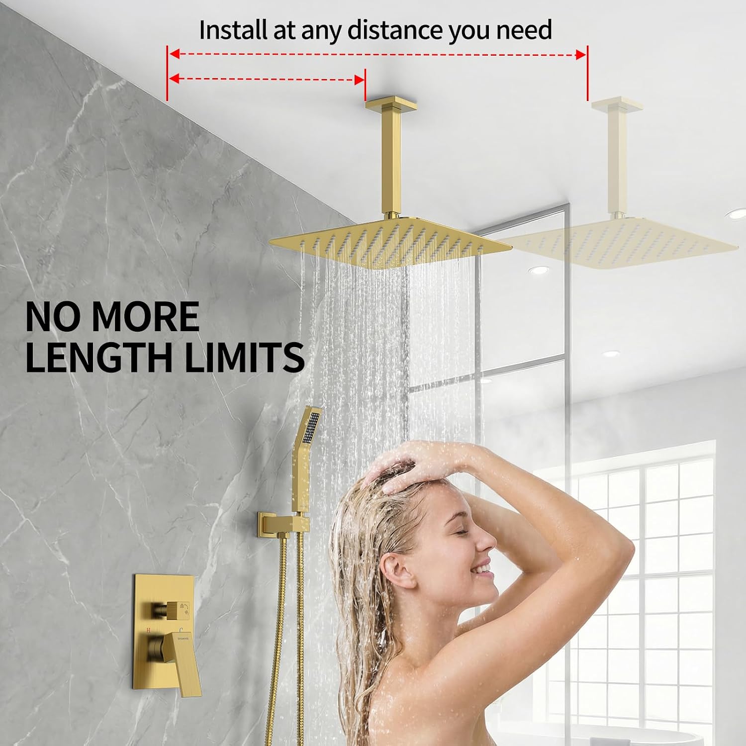 SR SUN RISE 12 Inch Ceiling Mounted Shower System Rain Mixer Shower Combo Set Rainfall Shower Head System Brushed Gold Shower Faucet Trim Repair Kits with Shower Rough-in Valve Body and Trim