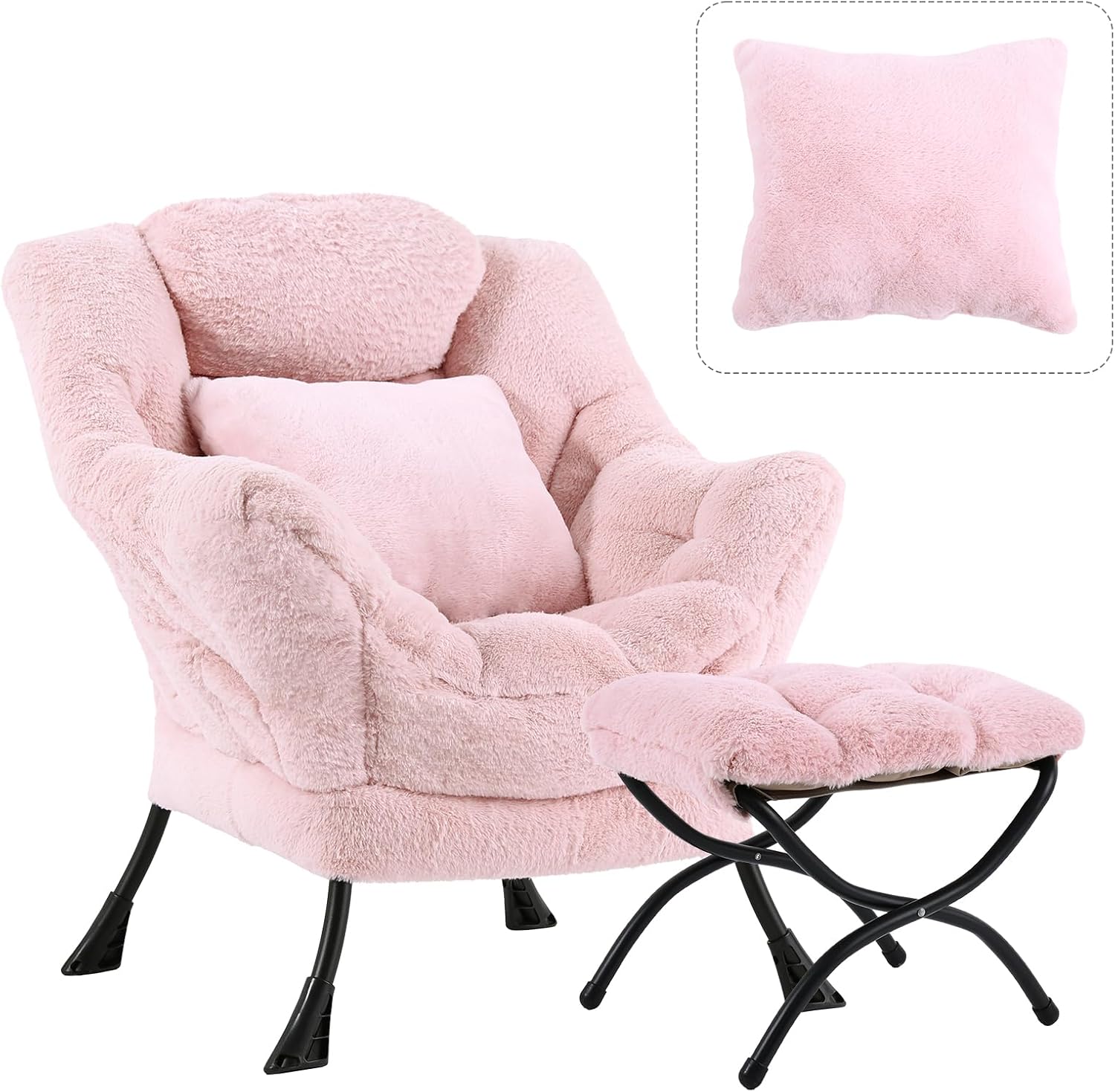 Lazy Chair with Ottoman, Large Pink Accent Chair with Ottoman and FA Throw Pillow, Comfy Plush Reading Chair for Living Room Bedroom Dorm Room Office Apartment Relaxing Use