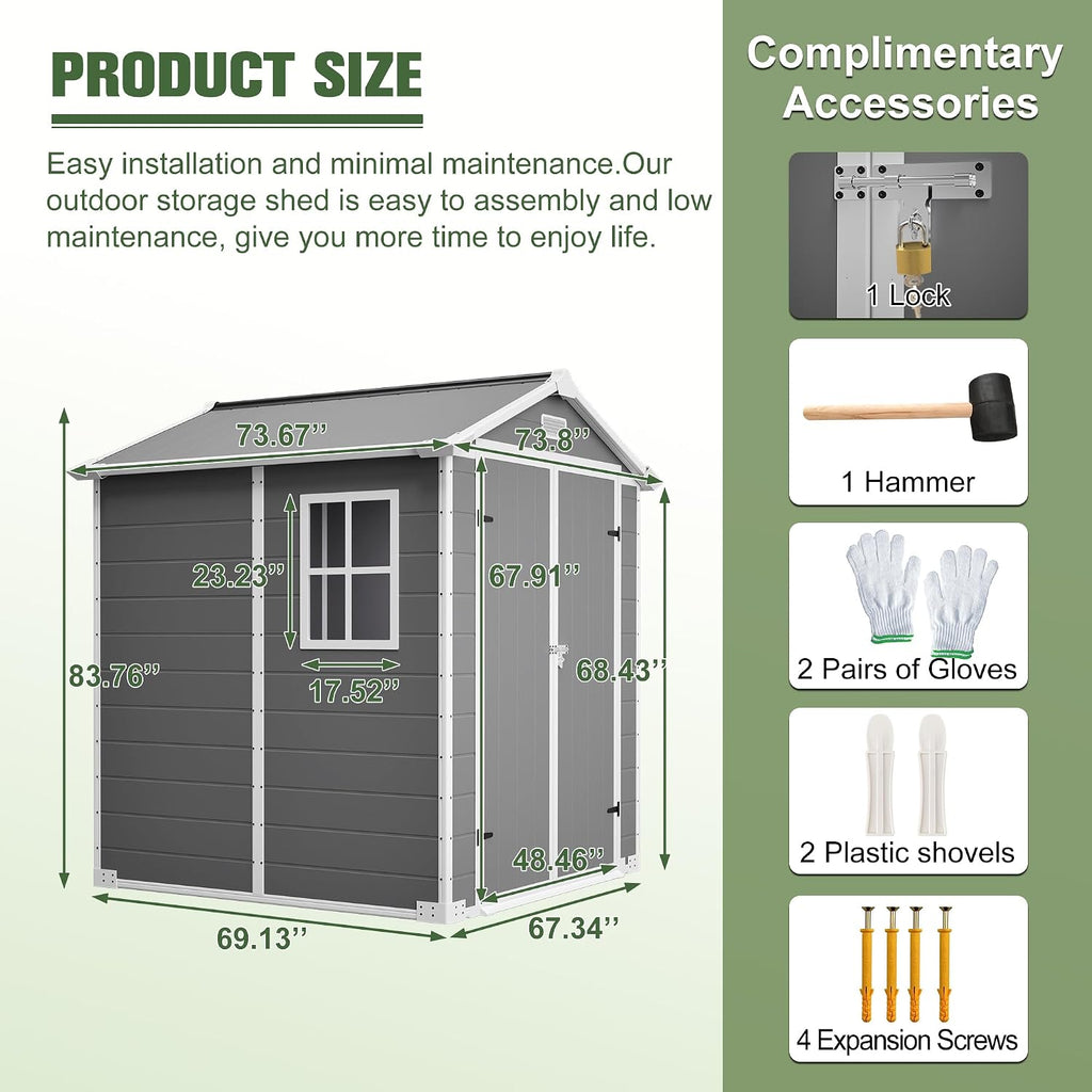 6x6 Resin Outdoor Storage Shed Kit Perfect to Store Patio Furniture, Garden Tools Bike Accessories, Beach Chairs and Lawn Mower, Grey & White