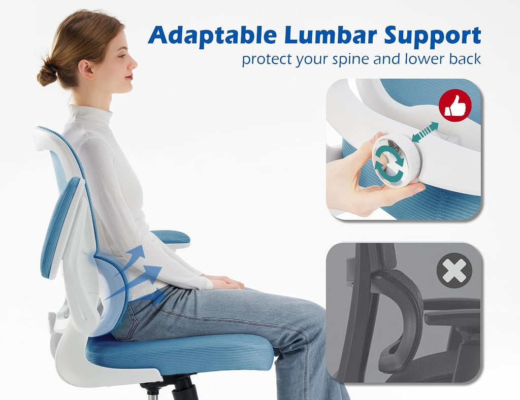 TRALT Ergonomic Office Chair - Desk Chair with Adjustable Lumbar Support Computer Chair - Mesh Comfy Chair with Flip-up Armrests - Gaming Chairs for Adults Home Office (PU Leather, Sky Blue)