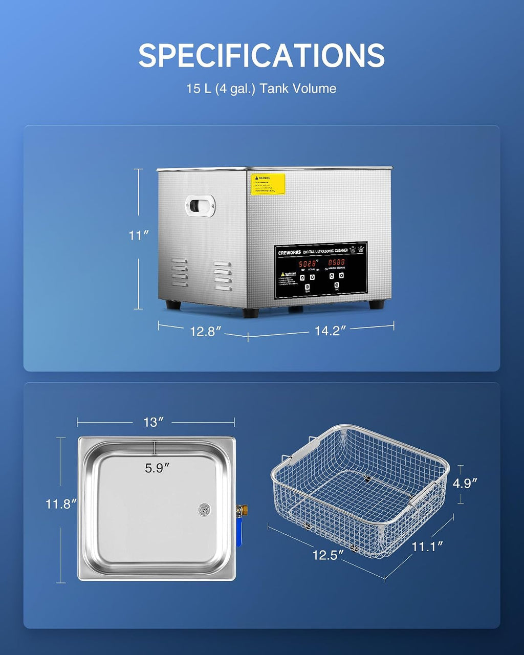 CREWORKS 360W 15L Stainless Steel Cleaning Machine, 4 gal Ultrasound Cleaner with Heater and Timer, Digital Sonic Cleaning Machine for Professional Jewelry Tool Watch Glasses Retainer Parts Cleaning