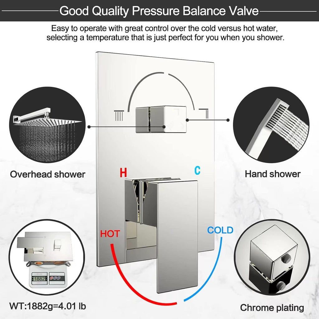Shower System Rain Shower Faucet Set with Tub Spout,10 inch Bathroom Wall Mounted Waterfall Bathtub Faucet with Handheld Spray and Rough-in Valve Body and Trim kit,Chrome Polished