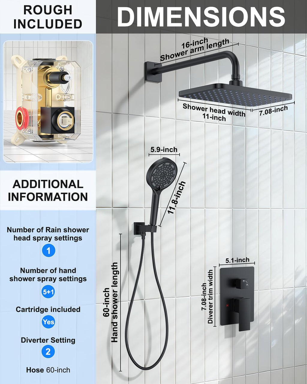 Matte Black 11-Inch Rainfall Shower System – Premium Filtered Handheld Sprayer & Fixed Shower Head, Complete Bathroom Set Faucet Mixer Trim & Valve
