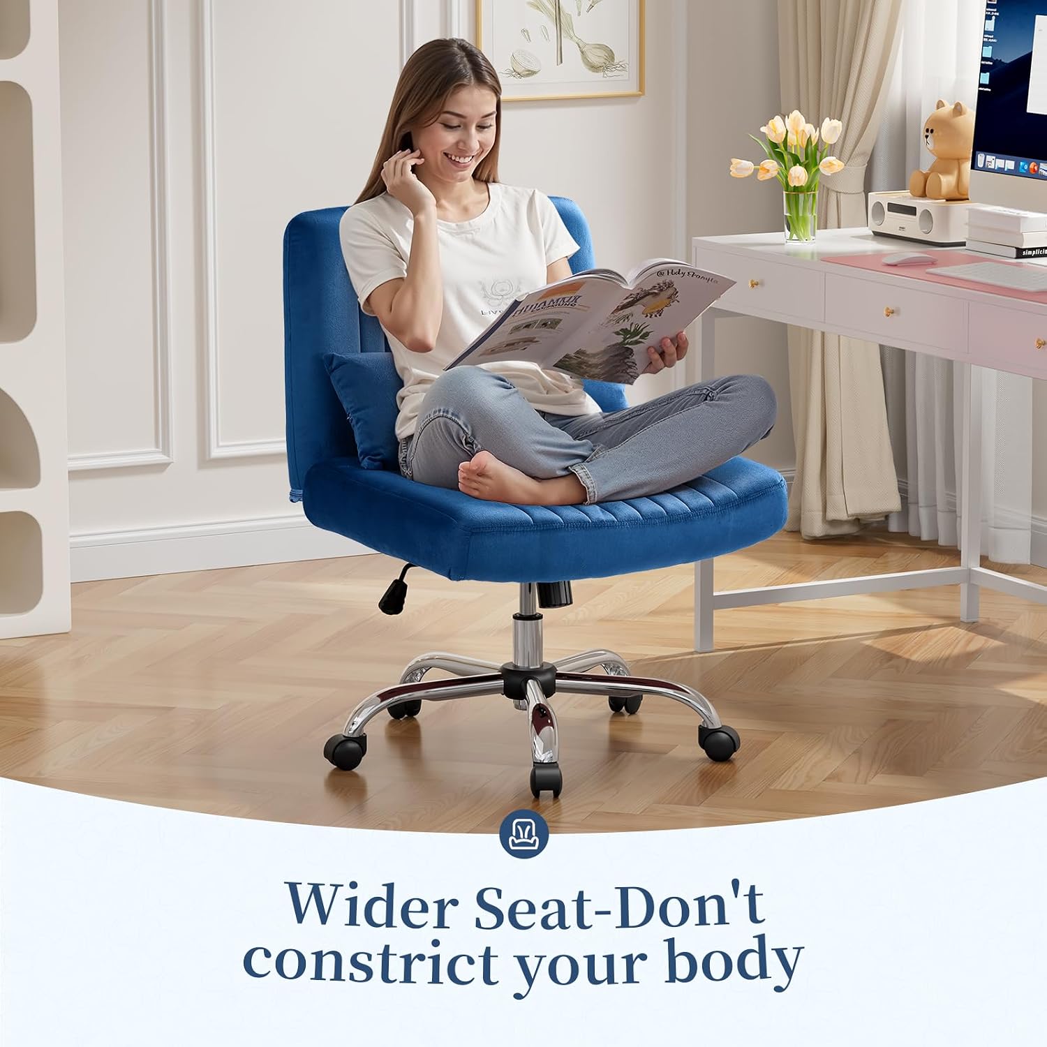 Warmiehomy Velvet Criss Cross Chair with Wheels, Cross Legged Office Chair, Comfy Desk Chair for Home Office, Ergonomic Computer Chair, Wide Seat Vanity Chair, for Adults, Royal Blue