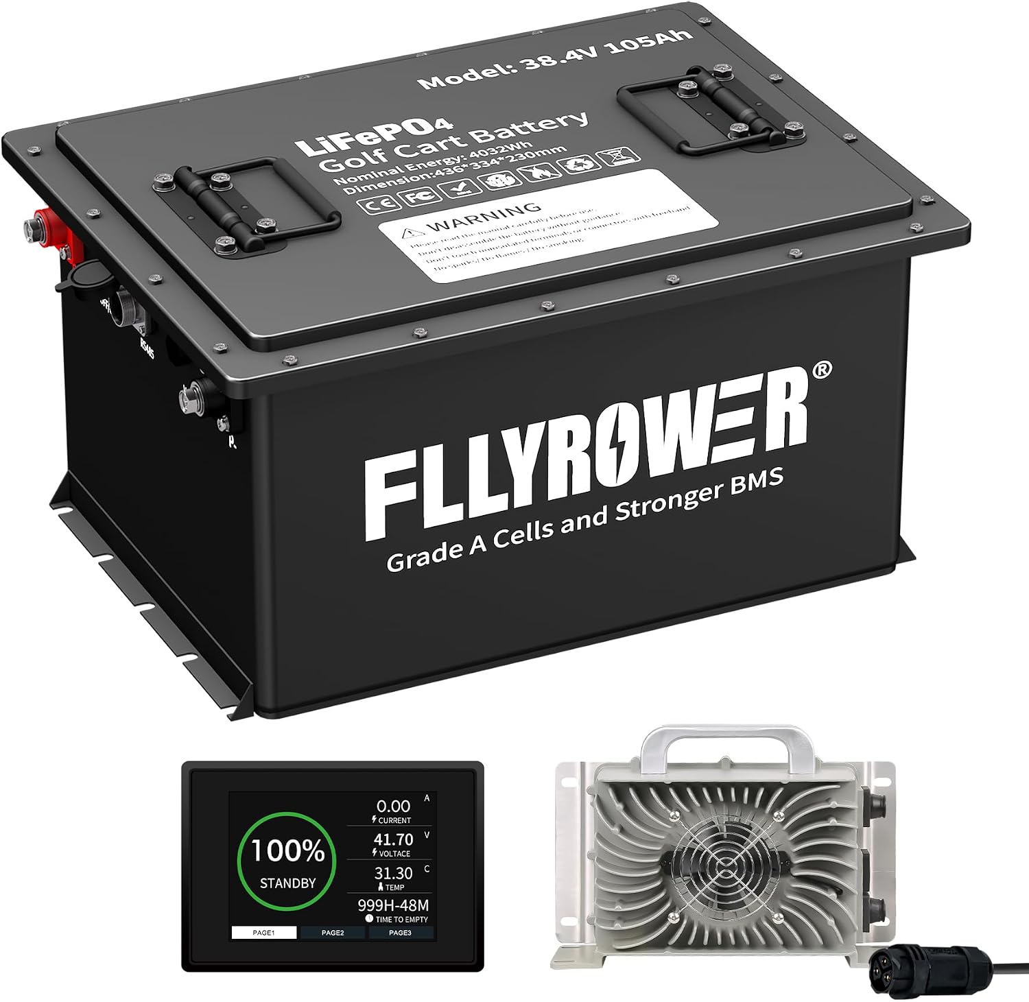 FLLYROWER Golf Cart Lithium Battery 36V 105AH with 16500 Deep Cycles and BMS Lifepo4 Battery 36V Grade A Cells Include 20A Charger and Monitor for Golf Cart