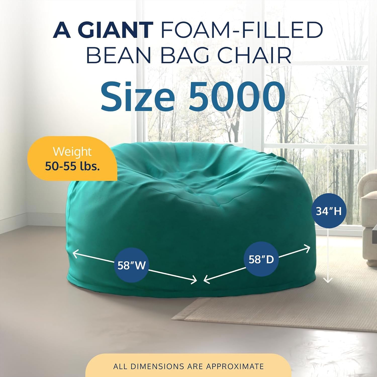ULTIMATE SACK 5000 5-Foot Bean Bag Chair with Footstool, Teal Suede Cover – Oversized Foam Lounger, Floor Seat, Small Sofa, or Couch Bed for Living Area, Gaming Room, or Reading Lounge
