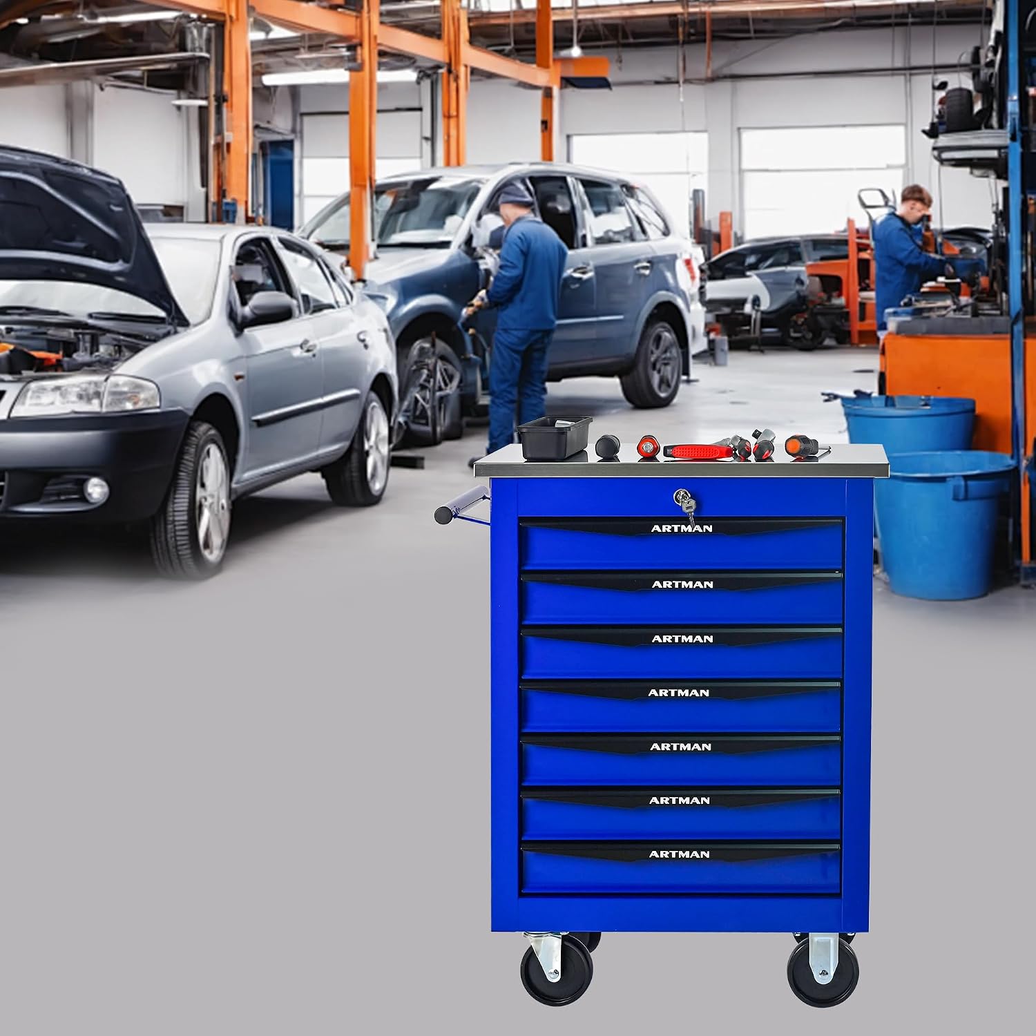 Campfun Tool Cart on Wheels 7 Drawers Rolling Tool Chest Workbench, Metal Tool Cabinet with Extra 7 Tool Storage Boxes, Tool Chest Combo Portable Mechanic Tool Cart for Garage Workshop Warehouse
