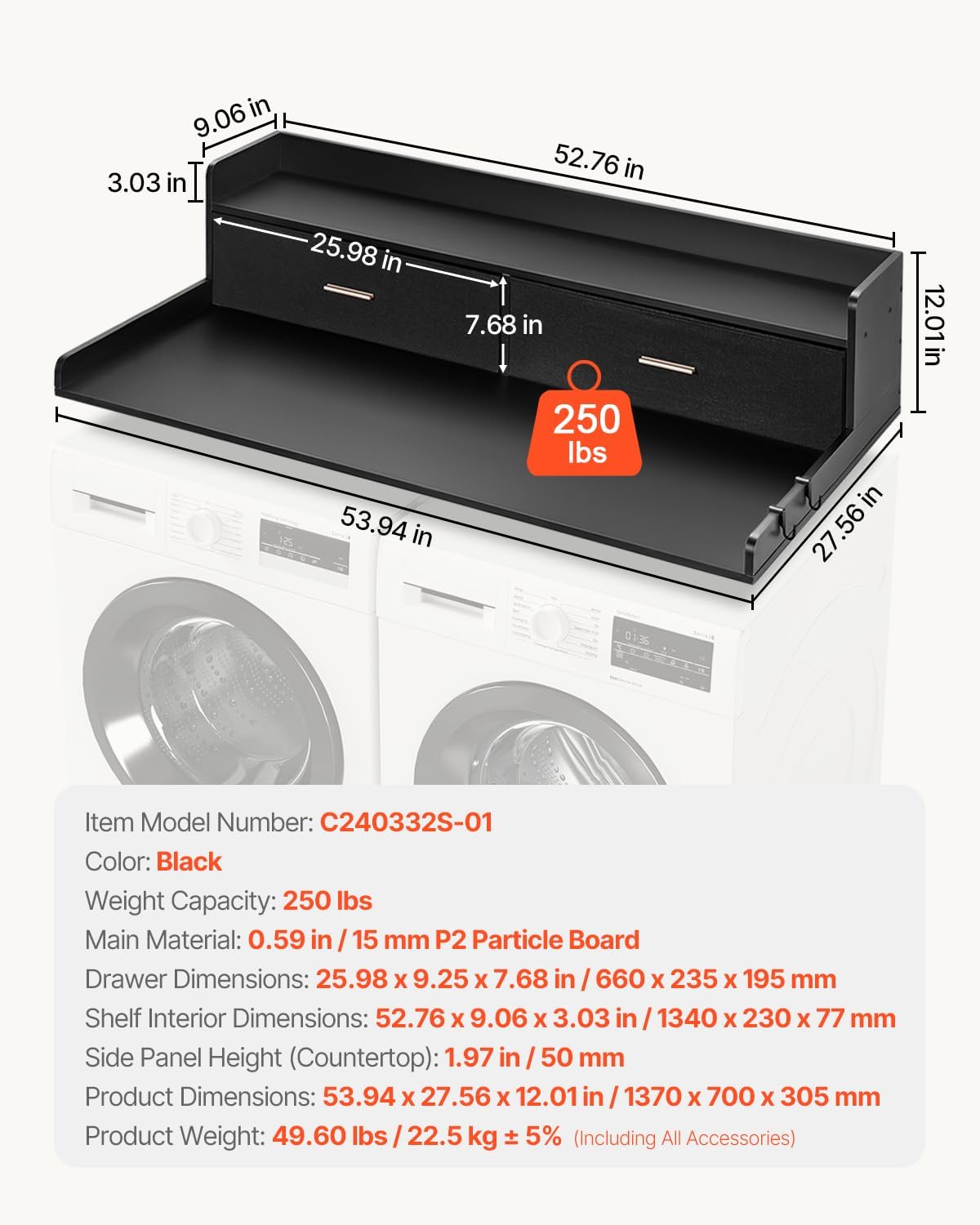 VEVOR 2 Drawers Washer Dryer Countertop with Shelf, 54' x 27' Wooden Laundry Countertop with 2 Hooks & Non-Slip Pads, Washer and Dryer Covers for The Top, Laundry Room Organization and Storage, Black