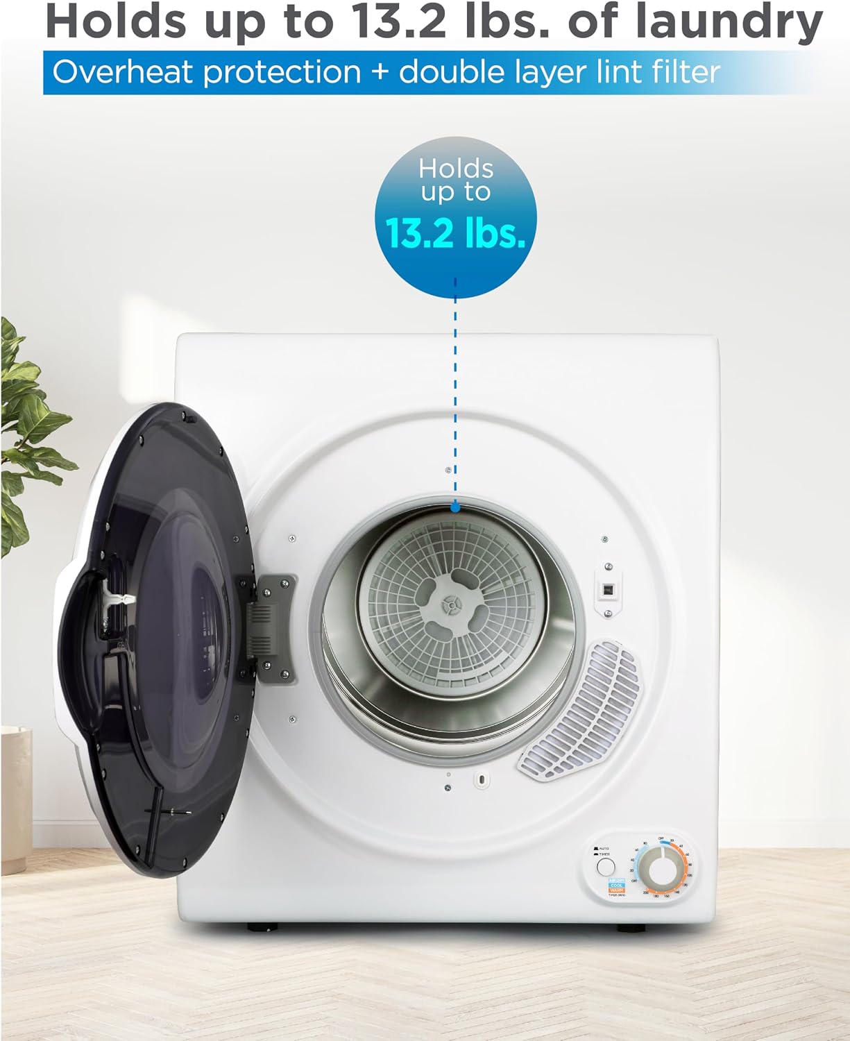 3.5 Cu. Ft. Portable Dryer, 120V Electric Dryer for Clothes, Holds Up To 13.2 lbs. or 6 kg. of Laundry, Stainless Steel Drum, 1500 Watts, White