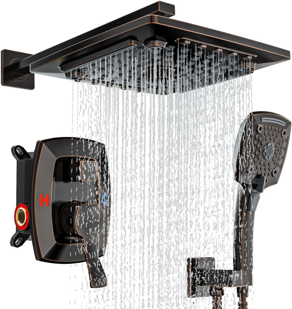 ELLO&ALLO Oil Rubber Bronze Bathroom Shower Faucet Set Mixing Valve and Trim Kit, Complete Shower System with Rough-in Valve
