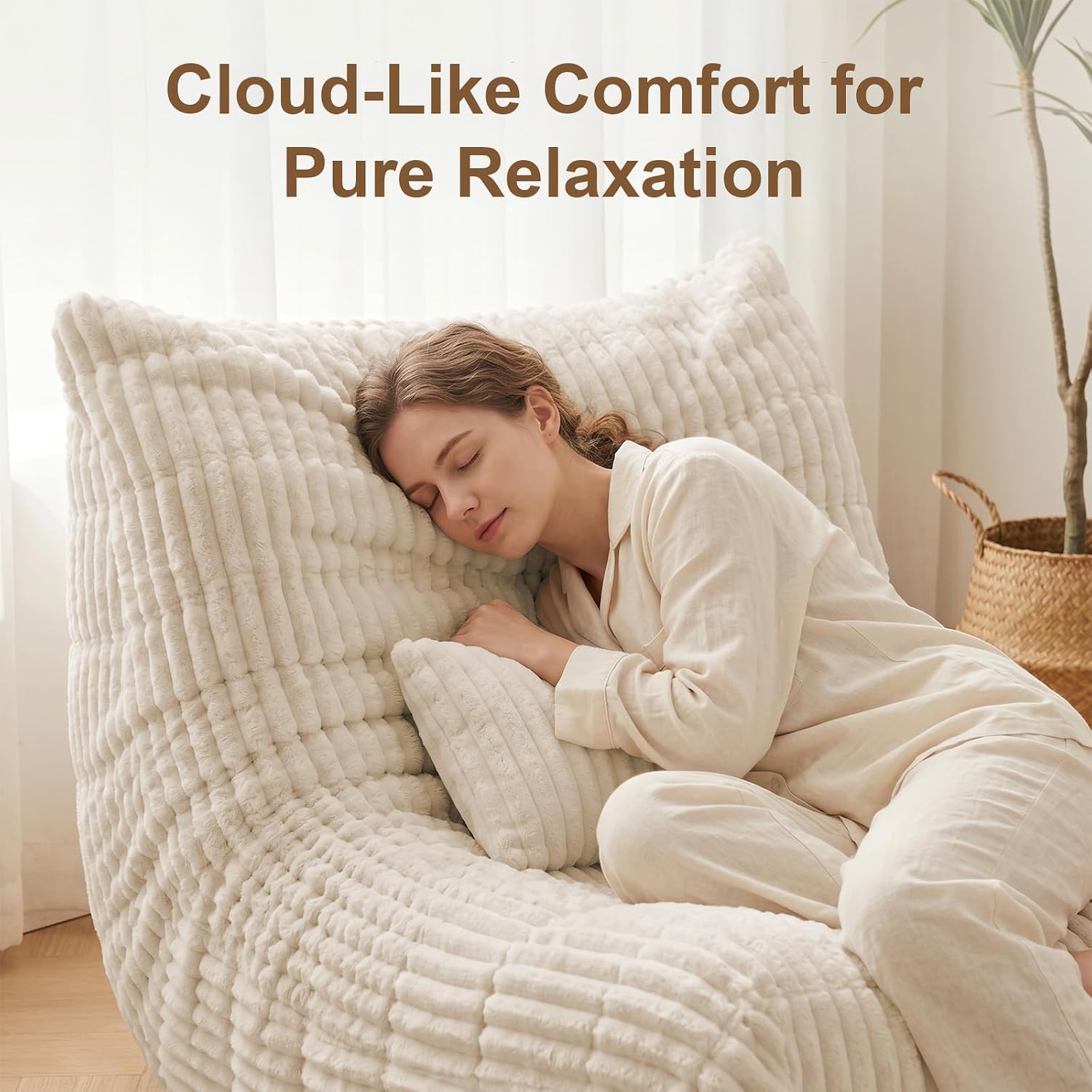 Bean Bag Chair with Lumbar Pillow, Gaint Bean Bag Chairs for Adults, Oversized Corduroy Beanbag Chair with Memory Foam Filled, Lazy Floor Sofa for Reading Gaming Living Room Bedroom (Beige)