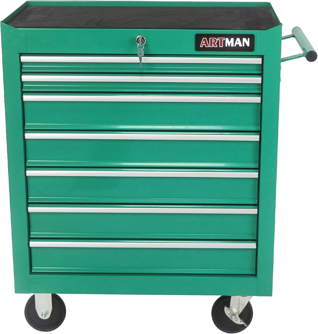7-Drawers Multifunctional Tool Boxes on Wheels, Lockable 4' Casters Tool Cart Cabinet, Powder-coated Steel Rolling Tool Chest with Key for Garage, Warehouse, Repair Shop, 231LBS Capacity - Green
