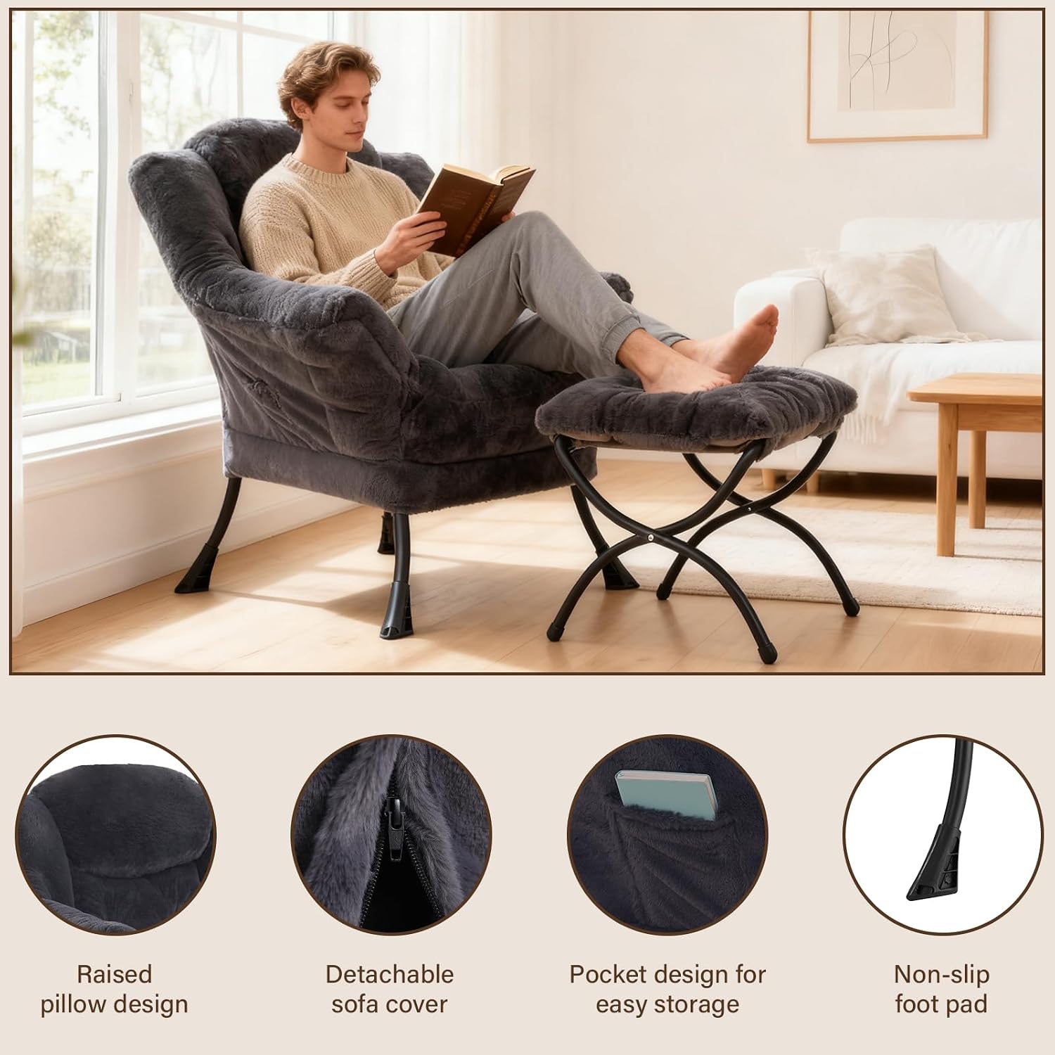 Welnow Lazy Chair with Ottoman, Modern Accent Chair with Armrests and a Side Pocket, Leisure Sofa Armchair, Reading Armchair with Footrest for Small Space, Plush Navy