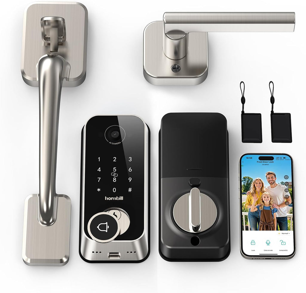Smart Front Door Lock Sets: 2K HD Camera Lock with Doorbell Kits, Hornbill Fingerprint Keyless Entry Door Lock with Handles, WiFi Deadbolt(only 2.4G) for Remote Control, APP/Alexa/PIR,Satin Nickel