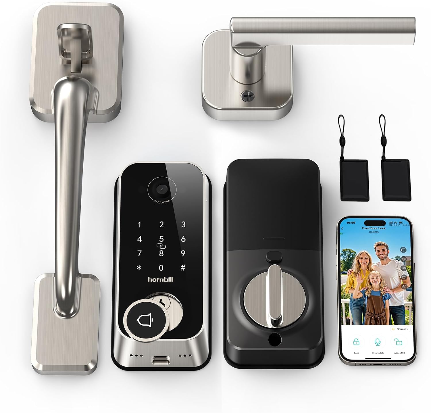 Smart Front Door Lock Sets: 2K HD Camera Lock with Doorbell Kits, Hornbill Fingerprint Keyless Entry Door Lock with Handles, WiFi Deadbolt(only 2.4G) for Remote Control, APP/Alexa/PIR,Satin Nickel