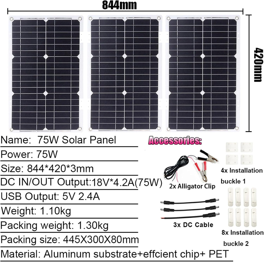 3000W Solar System Kit - 12V to 110V/220V Inverter, Complete Solar Generator with 75W Folding Panel & 50A Controller for Home/Grid Use, Efficient Photovoltaic Power Solution (Black)
