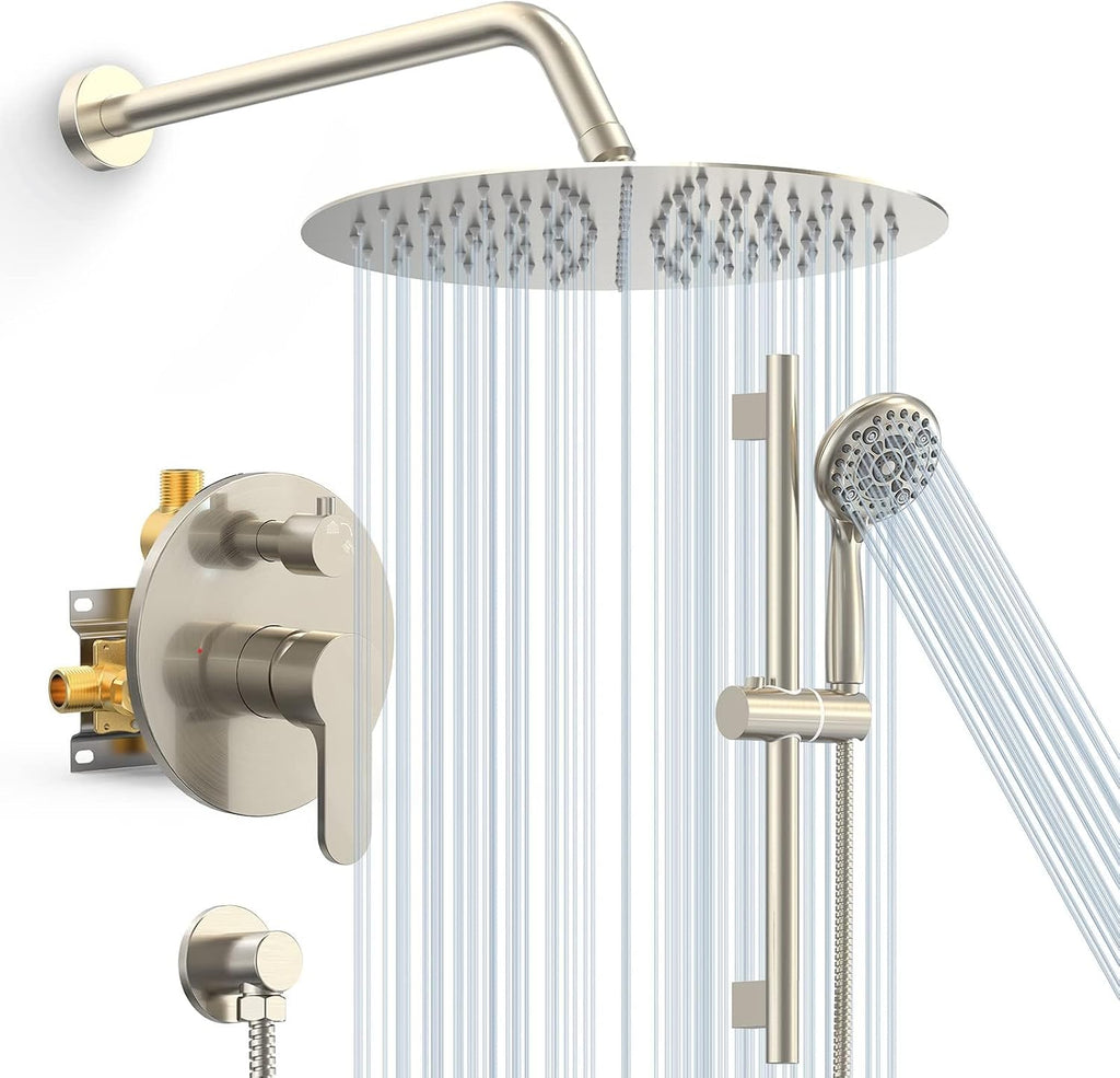 SR SUN RISE 10 Inch Rain Shower System, High Pressure Shower Heads and Handheld 6-Spray Combo Set Slide Bar Shower Faucets Sets Complete Included Valve and Trim Kit for Bathroom, Brushed Nickel