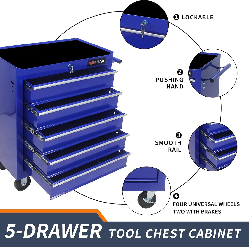 5 Drawers Rolling Tool Box，Tool Chest on Wheels, Lockable Tool Storage Cabinet Organizer Cabinet for Garage, Warehouse, Repair Shop, Workshop