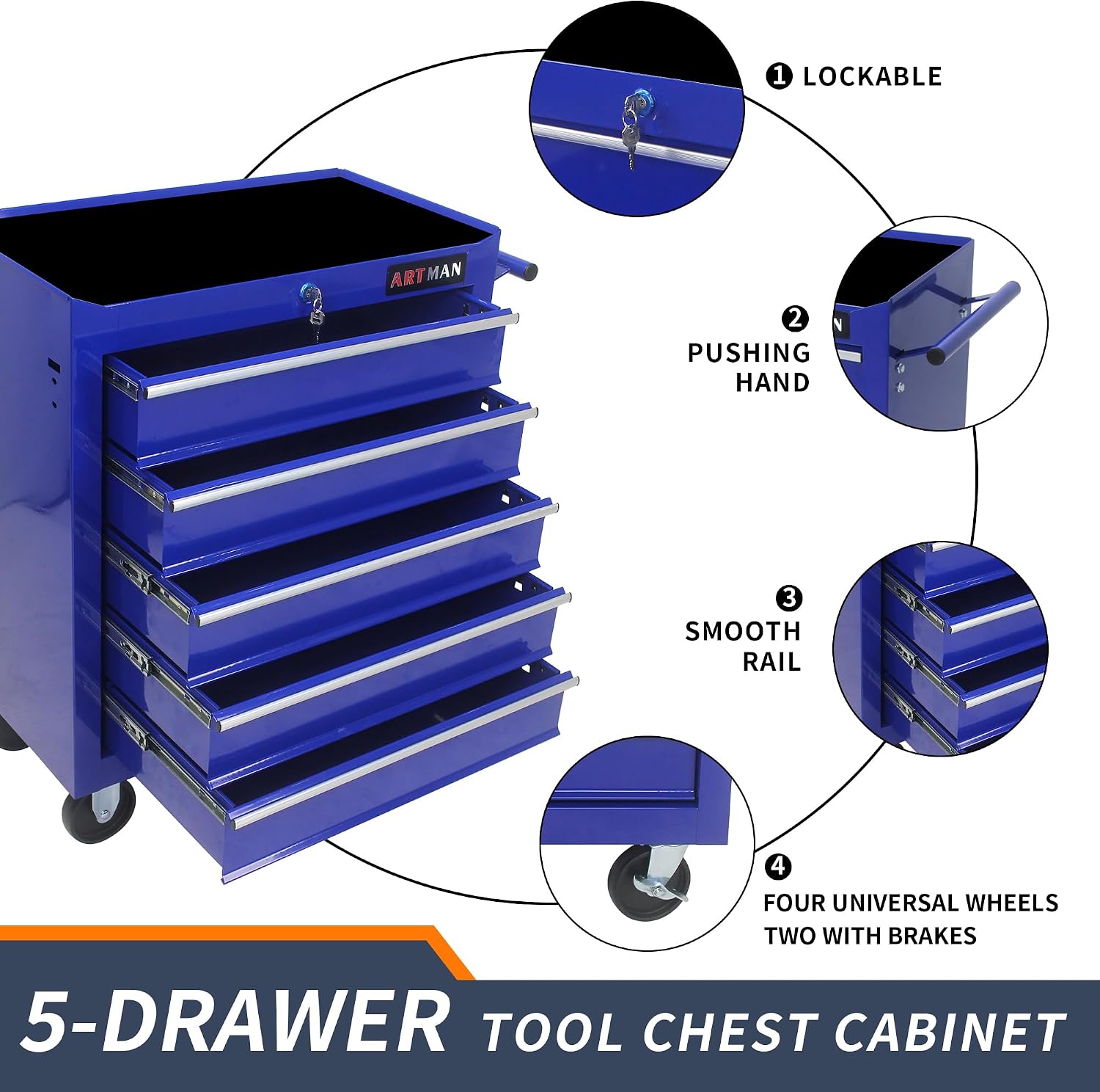 5 Drawers Rolling Tool Box，Tool Chest on Wheels, Lockable Tool Storage Cabinet Organizer Cabinet for Garage, Warehouse, Repair Shop, Workshop