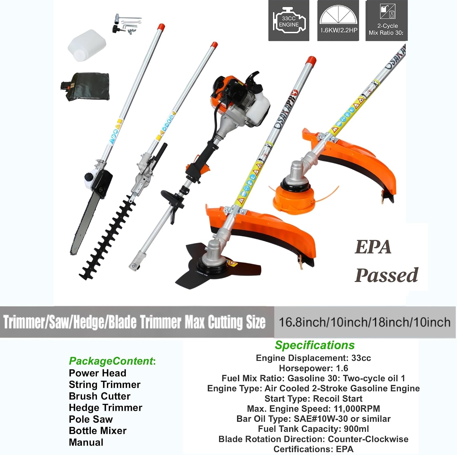 33cc 2-Cycle Gas Multi-Trimmer | 4-in-1 String Trimmer w/Rotatable Pole Saw, Weed Eater Weed Wacker, Brush Cutter & Hedge Trimmer Gas for Lawn, Yard, Garden Care, All-in-one Garden Tool