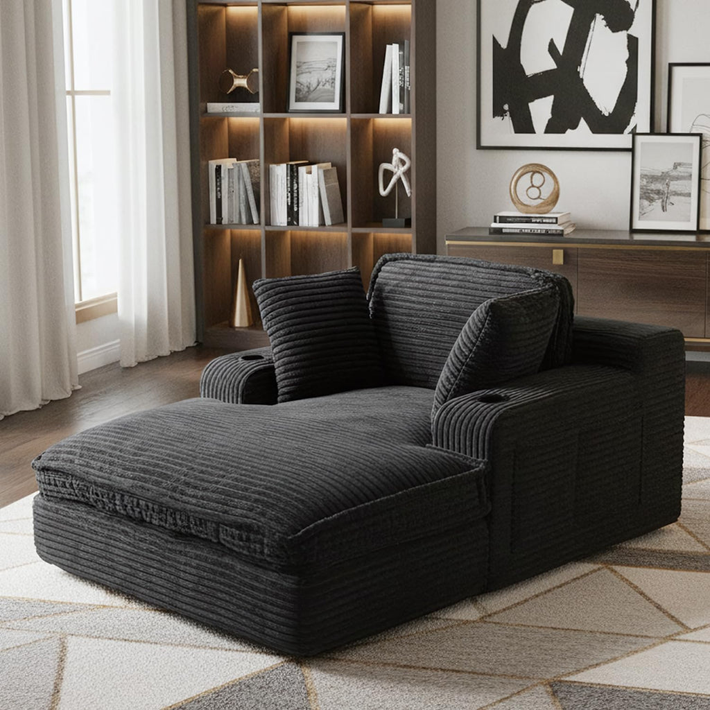 67' Oversized Chaise Lounge Chair Indoor, Soft Boneless Cloud Couch with 3 Pillows, 4 Side Pockets and 2 Cup Holders, Comfy Corduroy Sleeper Couch for Living Room Bedroom