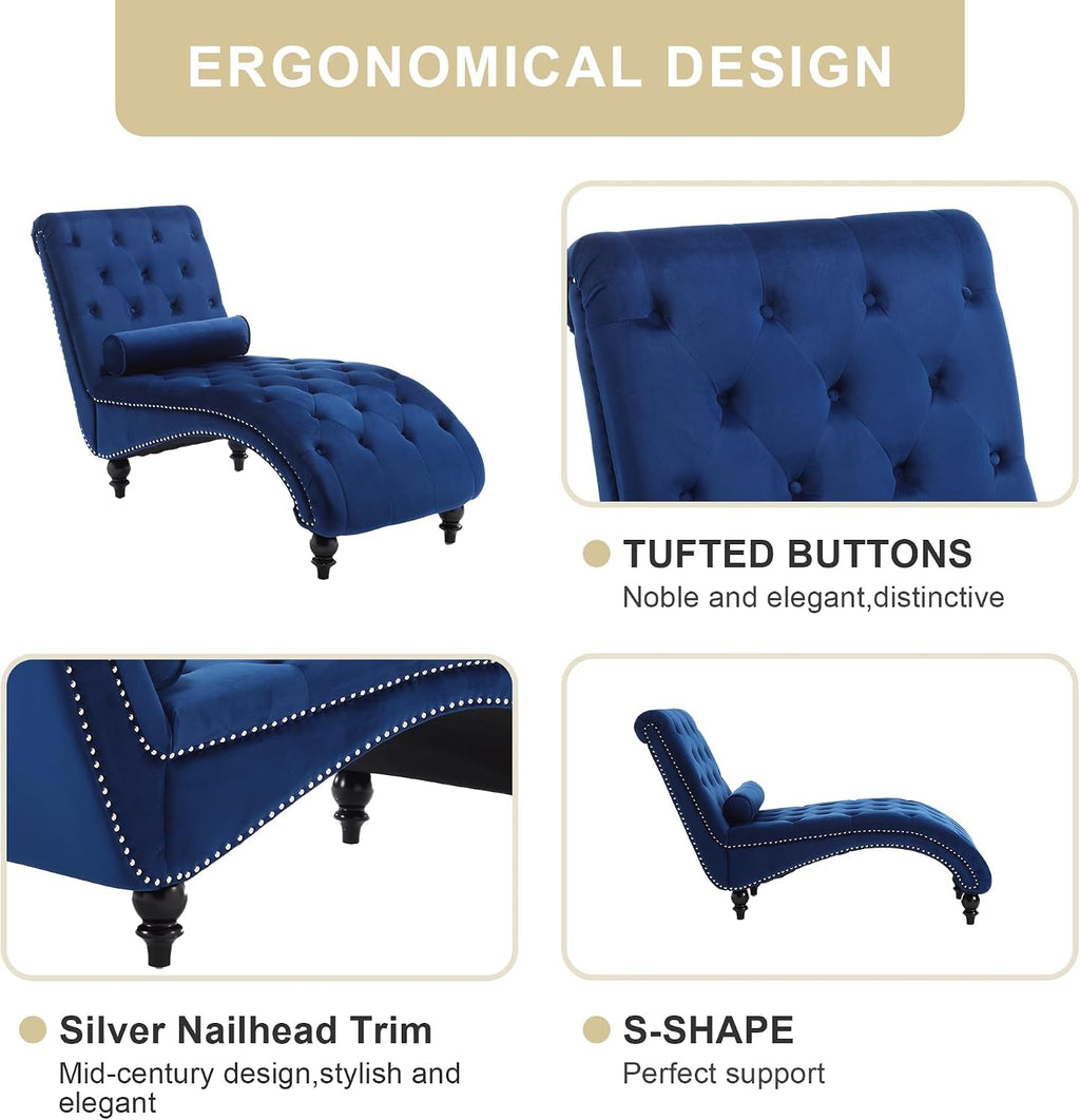 Velvet Chaise Lounge Indoor,Button-Tufted Upholstered Chaise Lounge Chair with Pillow for Bedroom Living Room Office Modern Backrest Leisure Recliner Sleep Sofa (Blue)