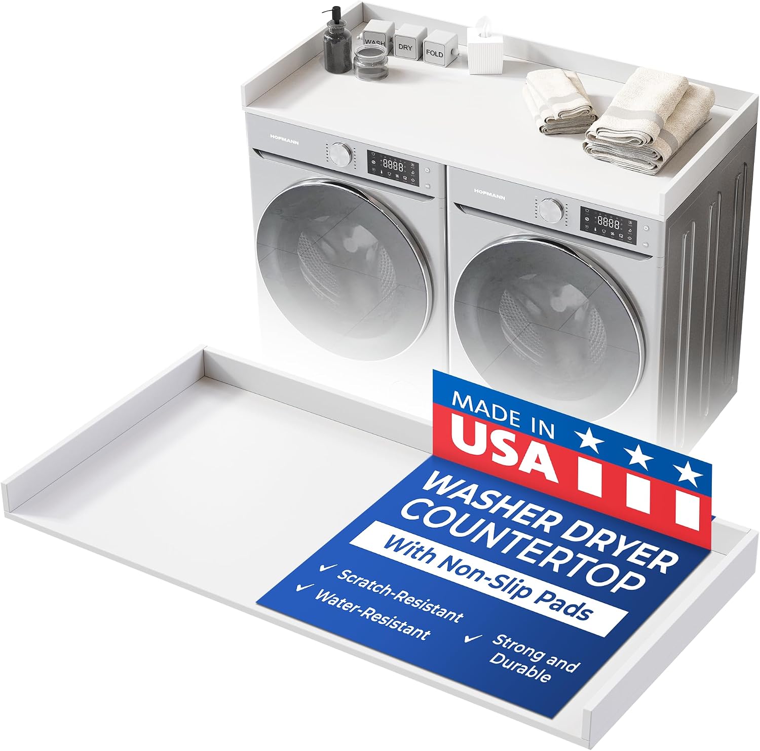 OfficeSimpli Washer Dryer Countertop, Made in USA, Non-Slip Pads, Laundry Room Wood Topper, Washer Dryer Cover for Top, Laundry Countertop, Laminate Finish (Glacier White, Standard (27.5' x 54'))