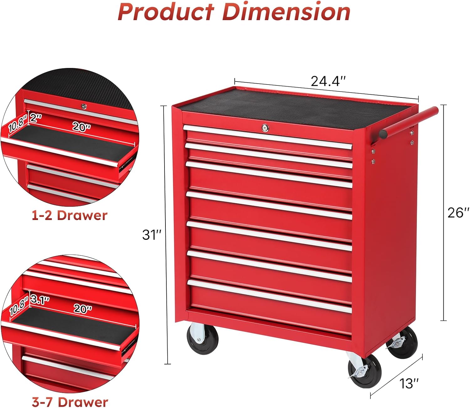 Rovibek 7-Drawer Rolling Tool Chest with Wheels, Lockable Metal Tool Box for Garage Workshop Warehouse, Large Capacity Tool Storage Cabinet, Heavy-Duty Tool Chest with Drawers, Red