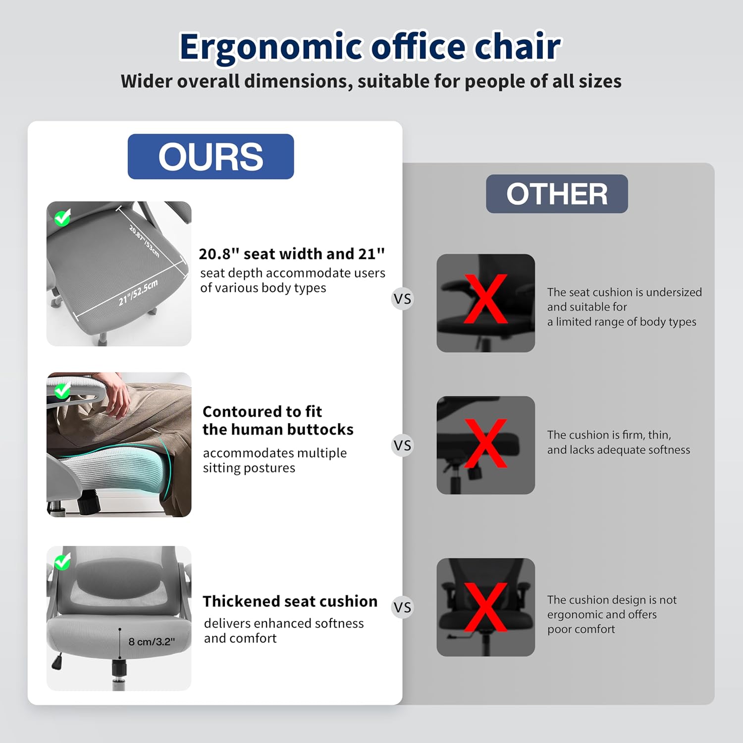 Ergonomic Office Chair, Desk Chair with Adjustable Lumbar Support, Breathable Mesh Comfy Computer Chairs with Flip-up Armrests Executive Task Chair for Adults Home Office (Gray)
