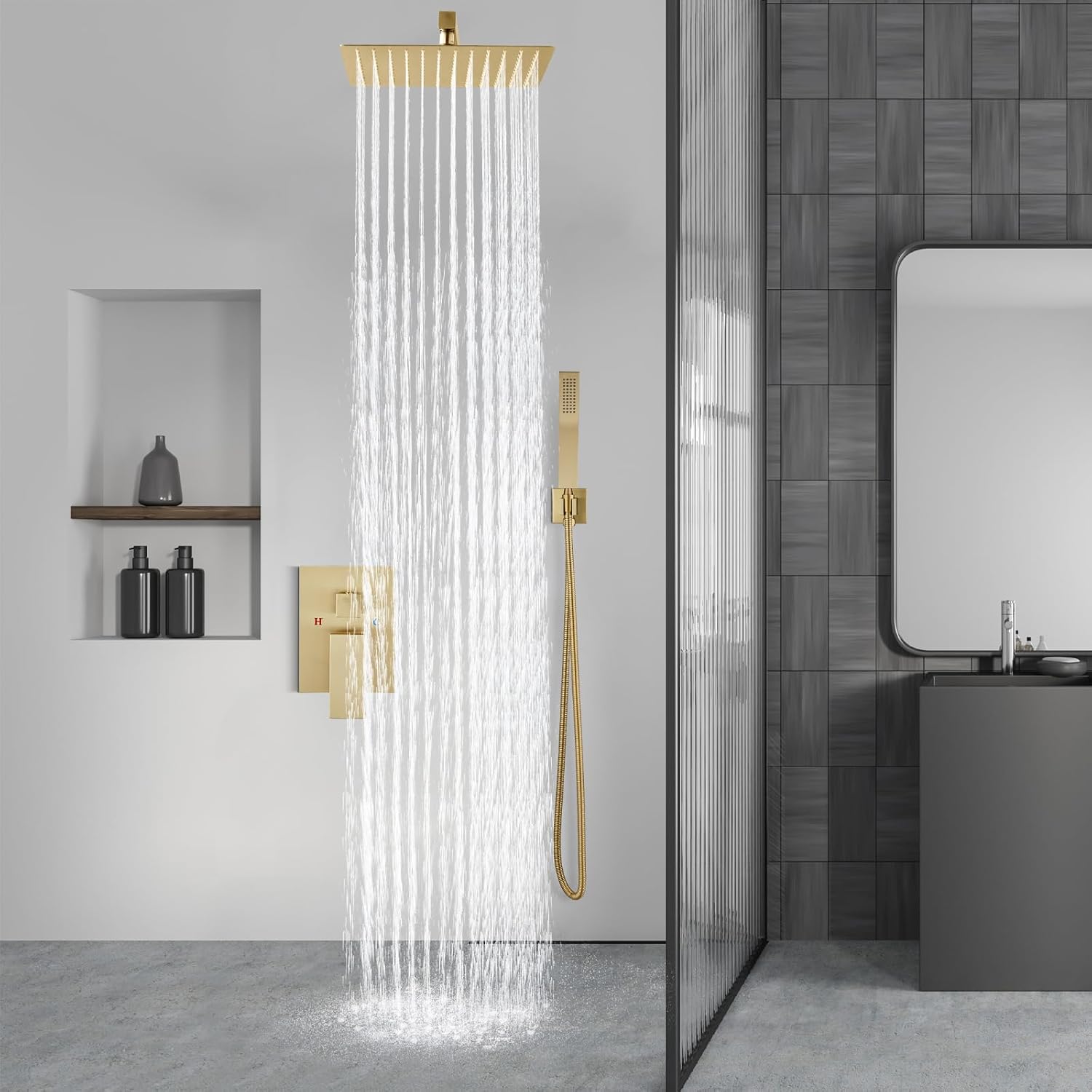 Aolemi Shower Faucet Set Rain Shower System with Handheld Spray Bathroom Shower Combo Rough-in Valve and Shower Trim Kit Included Brushed Gold 10 Inch Wall Mount Shower Head