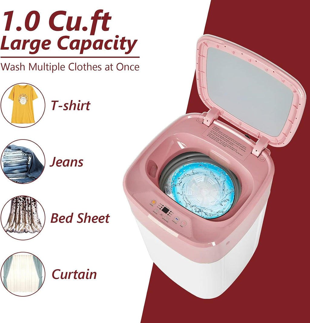 Giantex Portable Washing Machine, Full Automatic Washer and Spinner Combo 8lbs, 1.0 cu.ft 6 Programs 6 Water Levels Built-in Drain Pump, Top Load 2 in 1 Laundry Washer Apartment Dorm (Pink & White)