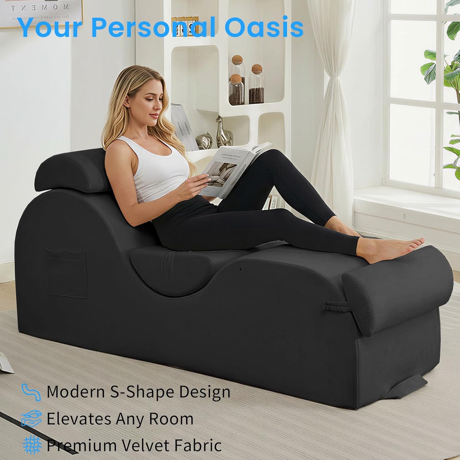 ijuicy 25 Inch Yoga Stretch Chair, Velvet Household Fitness Training Chair, Indoor Relaxation Recliner with Headrest & Adjustable Footrest, Dark Grey