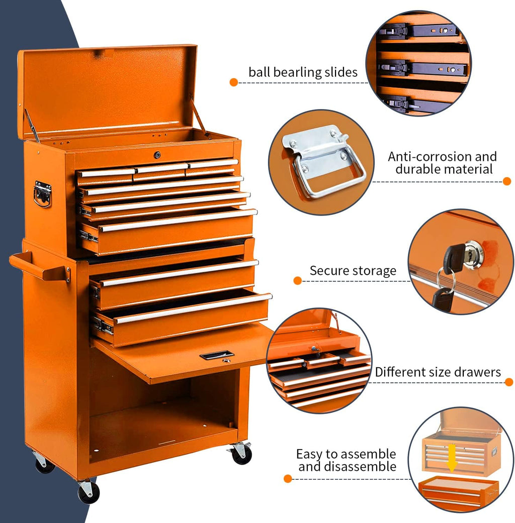 8-Drawer High Capacity Tool Chest, Rolling Tool Box with Lock, Tool Box on 4 Wheels with Sliding Drawers, Tool Storage Cabinet Removable Portable Box for Garage Warehouse New(Orange)