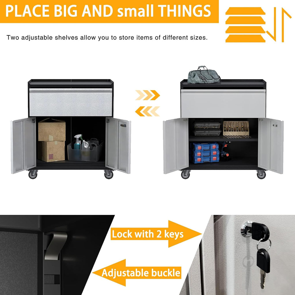35.43' H Metal Storage Cabinet on Wheels,Lockable Rolling Garage Storage Cabinet with 1 Drawer & 2 Doors,Mobile Tool Cabinets for Home Office,Basement,Shop