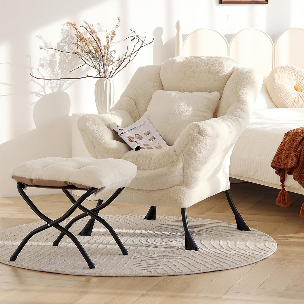 Lazy Chair with Ottoman, Large Lvory Accent Chair with Ottoman and FA Throw Pillow, Comfy Plush Reading Chair for Living Room Bedroom Dorm Room Office Apartment Relaxing Use