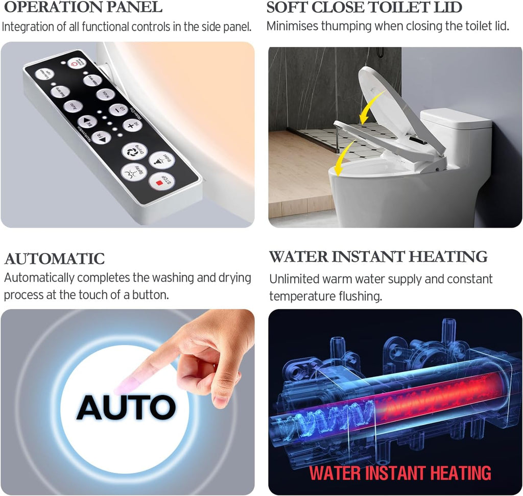 XCQQ Electric Heated Bidet Toilet Seat with Warm Water Wash, Warm Air Dryer, Soft Closed Lid, Night Light, LED Display, Toilet Seat with Bidet Requires Outlet - Elongated